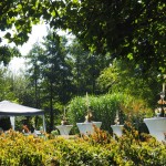Des tables rondes hautes décorées entourées de plantes et d'arbres