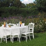 Une table et des chaise blanches devant un massif de fleurs hautes