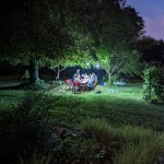 Un groupe de convives autour d'une table dans un verger de nuit